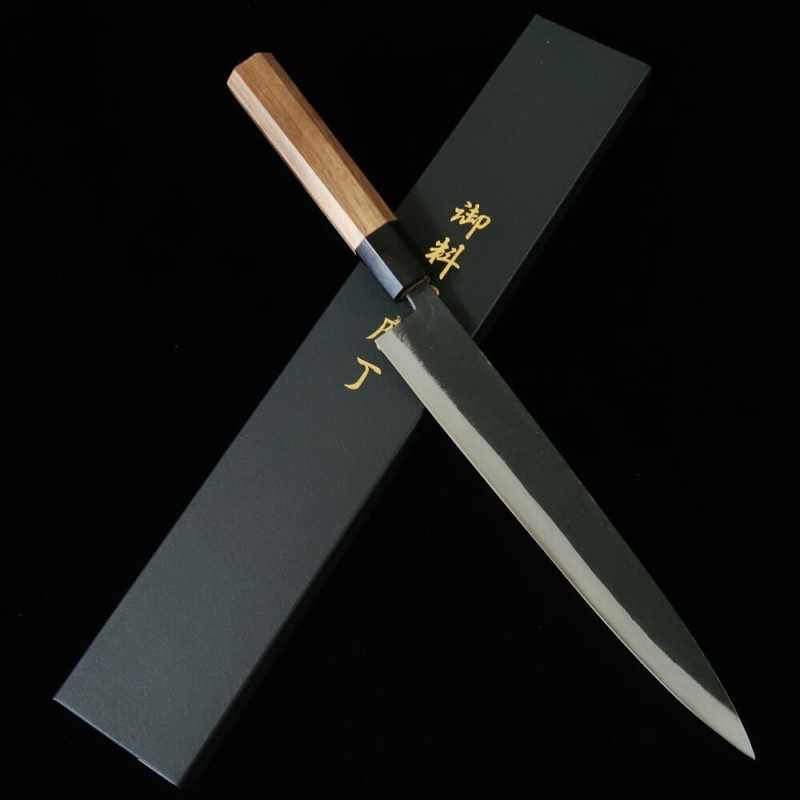 Sujihiki MIURA Aogami nº 2 acabamento Kurouchi cabo em nogueira (240mm)