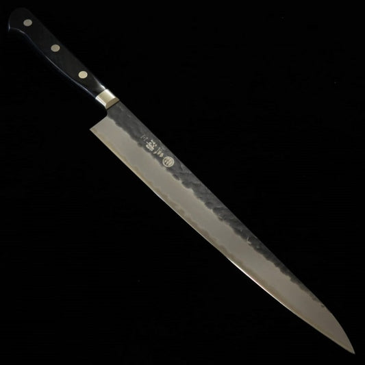 Sujihiki MIURA Aogami Super, acabado martillado y forjado en negro, mango de contrachapado negro (240mm)
