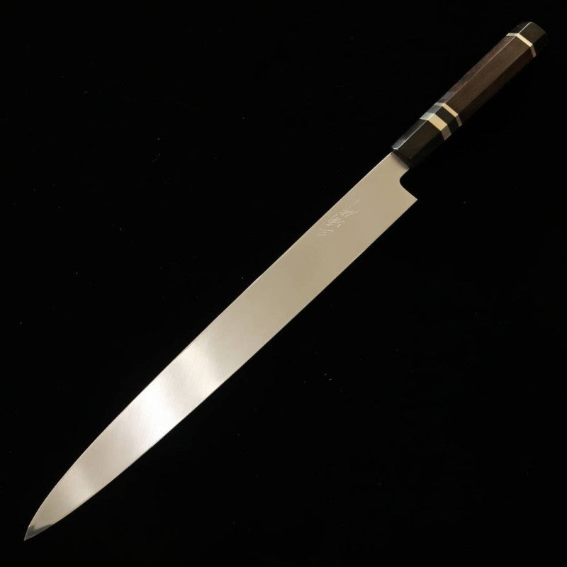 三浦 MIURA 銀紙三号 血流し付き 黒檀銀巻柄 朴鞘 柳刃 (330mm)