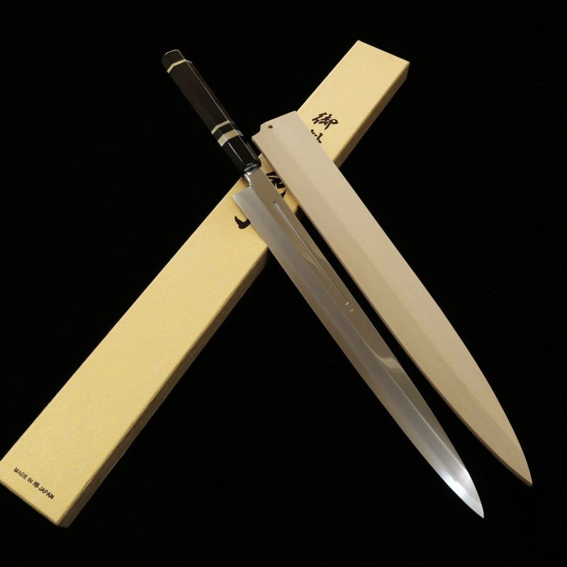 三浦 MIURA 銀紙三号 血流し付き 黒檀銀巻柄 朴鞘 柳刃 (330mm)
