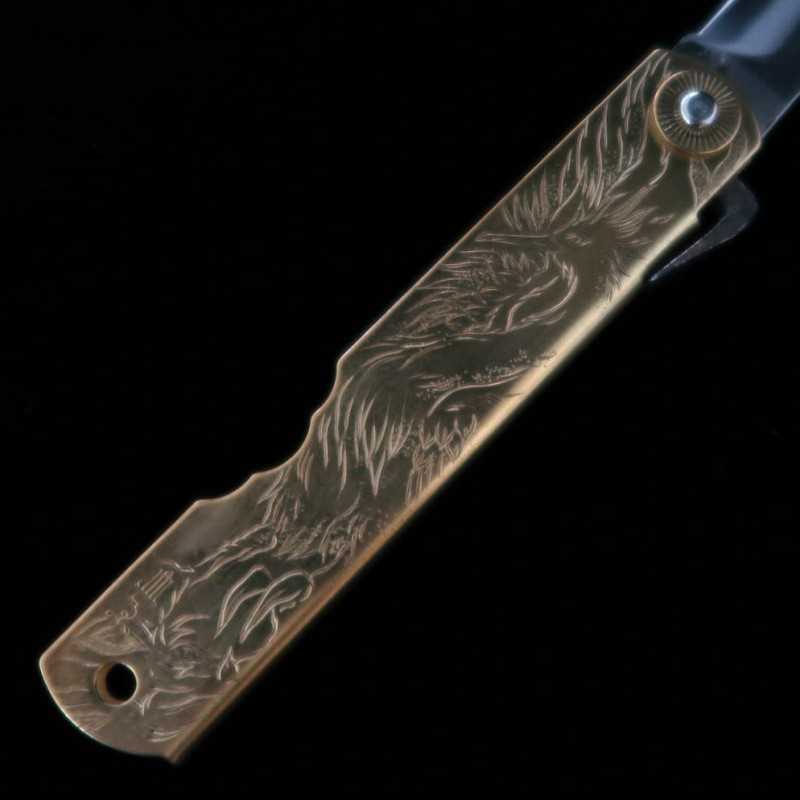 Nagaokanekoma Higonokami, acier bleu sandwich, manche en laiton, Suzaku (72/90 mm).