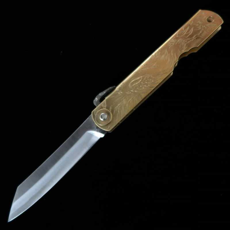 Nagaokanekoma Higonokami, acier bleu sandwich, manche en laiton, Suzaku (72/90 mm).