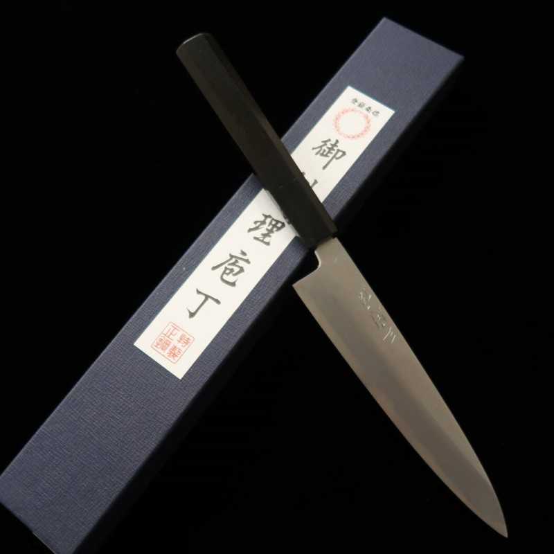 Petty MIURA Itadaki Shirogami No. 2, faca acabamento Shinogi Kasumi cabo octogonal em ébano Yoshikazu Tanaka (150mm)