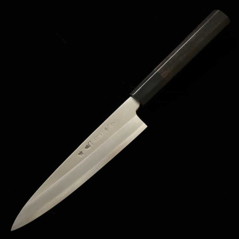 Petty MIURA Itadaki Shirogami No. 2, faca acabamento Shinogi Kasumi cabo octogonal em ébano Yoshikazu Tanaka (150mm)