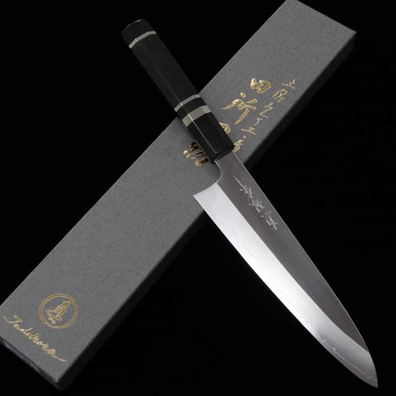 Gyuto TADOKORO HAMONO Makoto Ginsan, acabado de espejo, mango octogonal de Ébano con Anillo de Plata (210 mm)