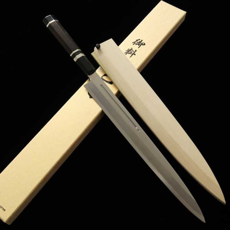 Yanagiba MIURA Ginsan Steel with Blood Streamer, Ebony Silver Wrap Handle, Magnolia Sheath (300mm)