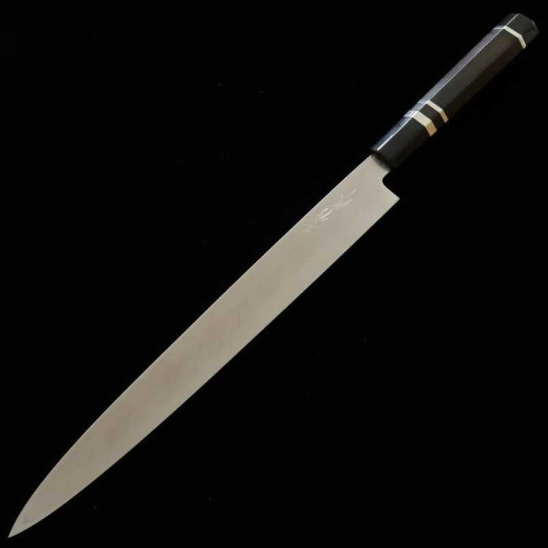 Yanagiba MIURA Ginsan Steel with Blood Streamer, Ebony Silver Wrap Handle, Magnolia Sheath (300mm)