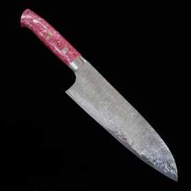 Japanese Santoku Knife - TAKESHI SAJI - Stainless Damascus R2 Steel diamond finish - red and white turquoise Handle - Size: 18cm