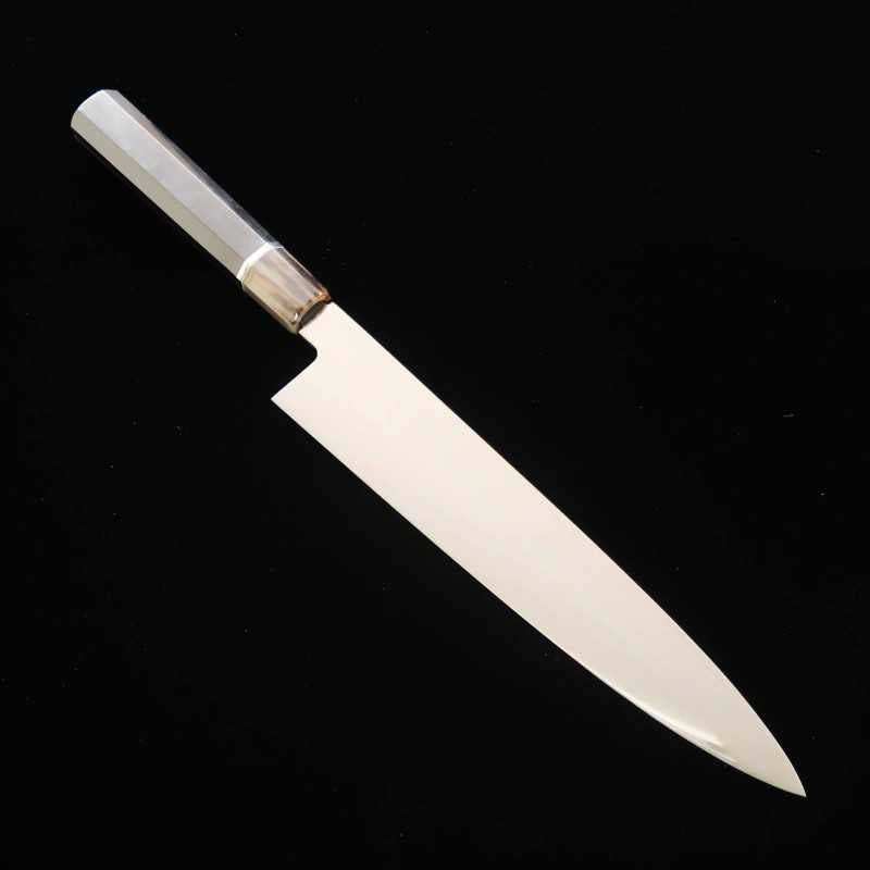 酔心 SUISIN 白鋼 本焼 和牛刀 総鏡面仕上げ 黒檀八角銀線一本柄 (270mm)