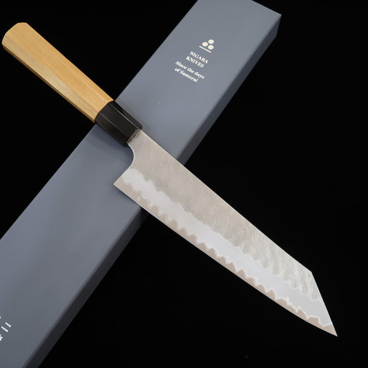 二唐刃物鍛造所NIGARA 青紙スーパー みがき槌目 切付牛刀 チーク柄（240mm）
