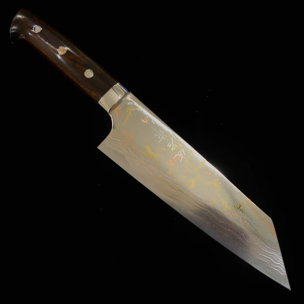 SAJI TAKESHI Shirogami #2 damasco coloreado cuchillo bunka mango de madera de hierro (175 mm)