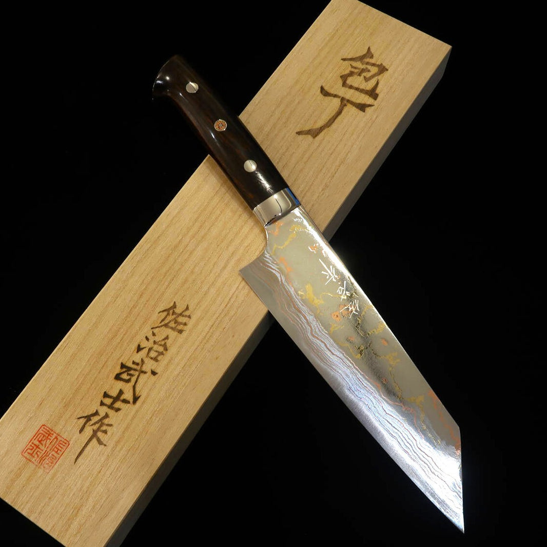 SAJI TAKESHI Shirogami #2 damasco coloreado cuchillo bunka mango de madera de hierro (175 mm)