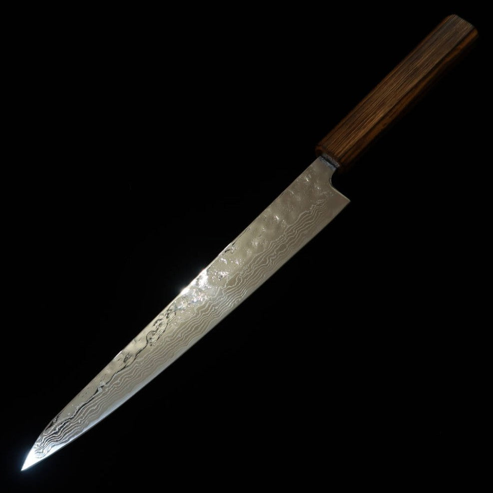 Faca Sujihiki Miura MIURA, aço 440C, acabamento espelhado, Damasco, cabo de carvalho negro (240mm)