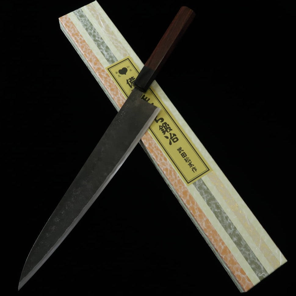 武田刃物TAKEDA　備中手打ち鍛冶　筋引・両刃柳刃　特大　日立青紙スーパー鋼（270mm）