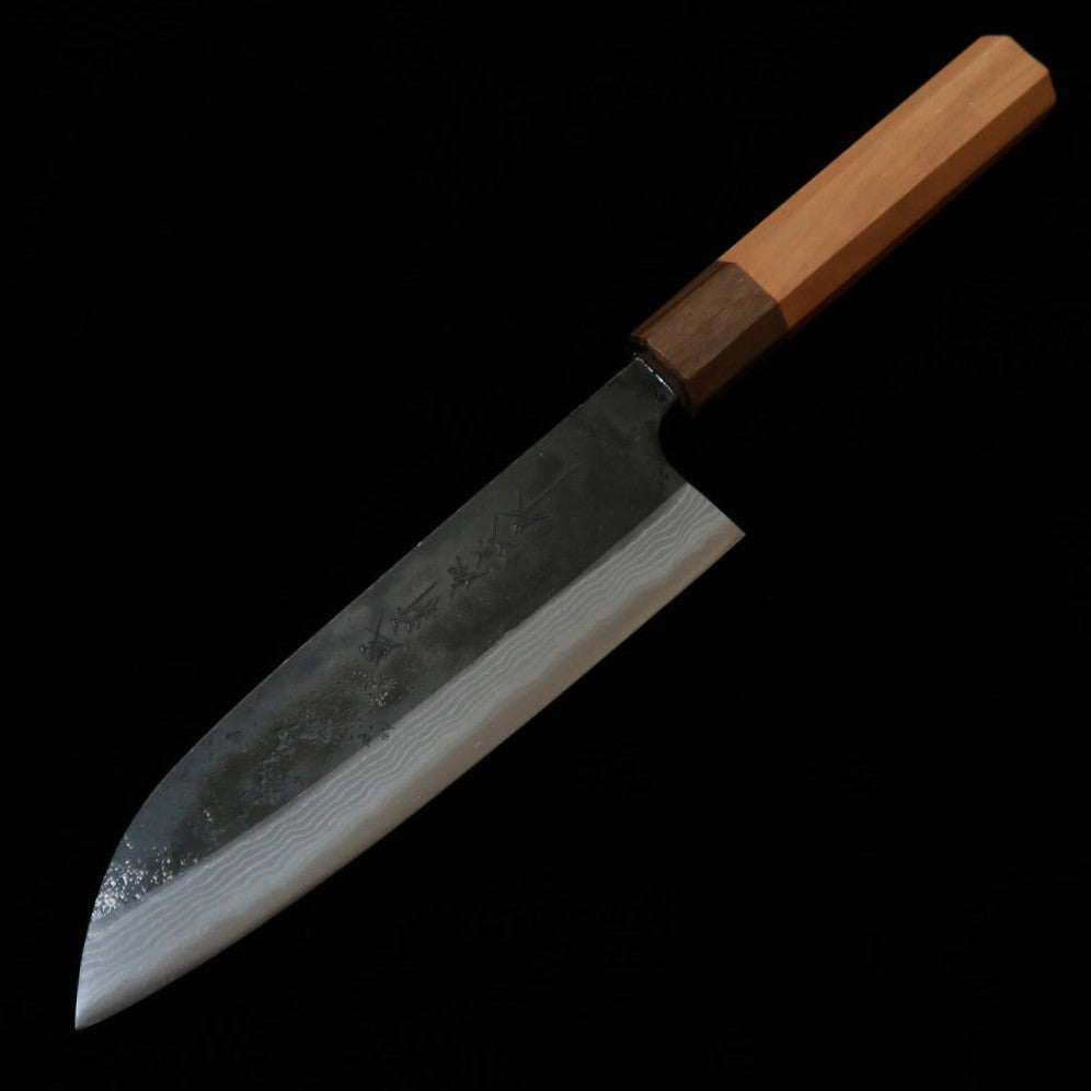 Kamo Hamono Santoku Aogami finition noire Damas manche octogonal en cerisier (165 mm)
