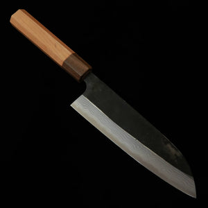 KAMO HAMONO, Santoku, Aogami, finition kuro-uchi, Damas, manche octogonal en cerisier (165 mm)