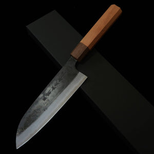 KAMO HAMONO, Santoku, Aogami, finition kuro-uchi, Damas, manche octogonal en cerisier (165 mm)