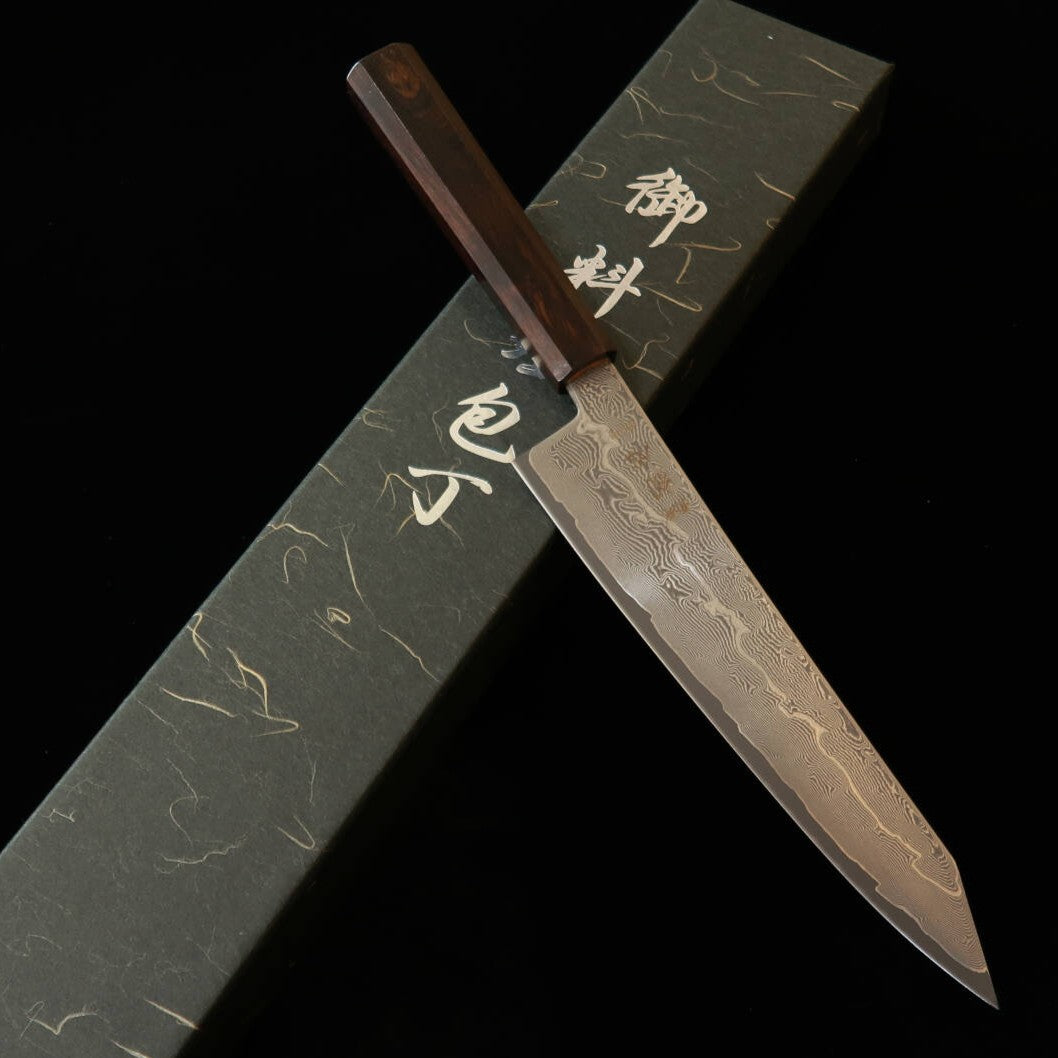 初心 HATSUKOKORO 切付牛刀 銀紙三号 ダマスカス 黒檀一体型柄 (210mm)