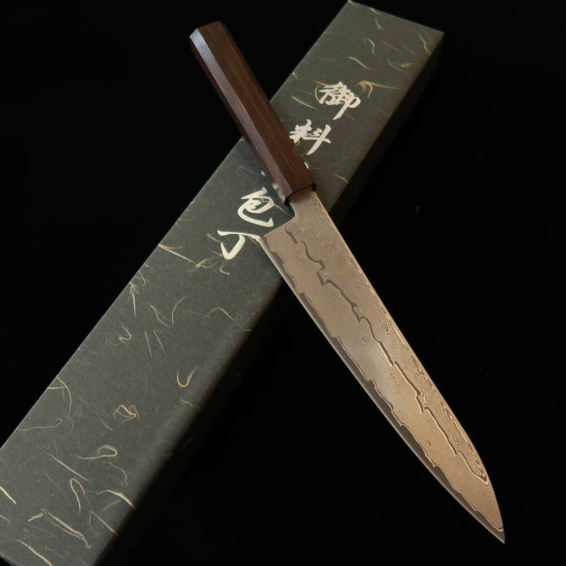 初心 HATSUKOKORO 牛刀 銀紙三号 ダマスカス 黒檀一体型柄 (210mm)
