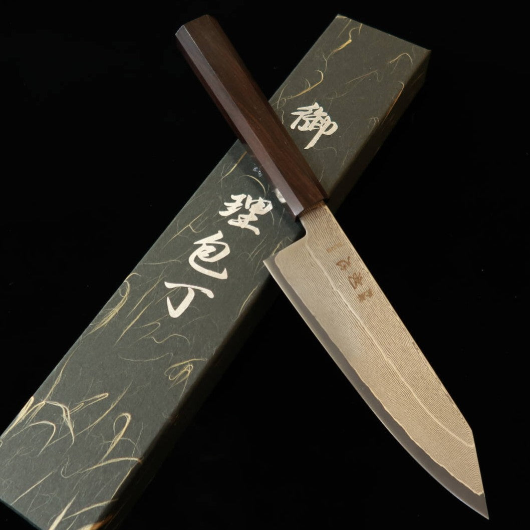 Hatsukokoro Kiritsuke Santoku Aogami No. 3 Damascus with Integrated Ebony Handle (170mm)