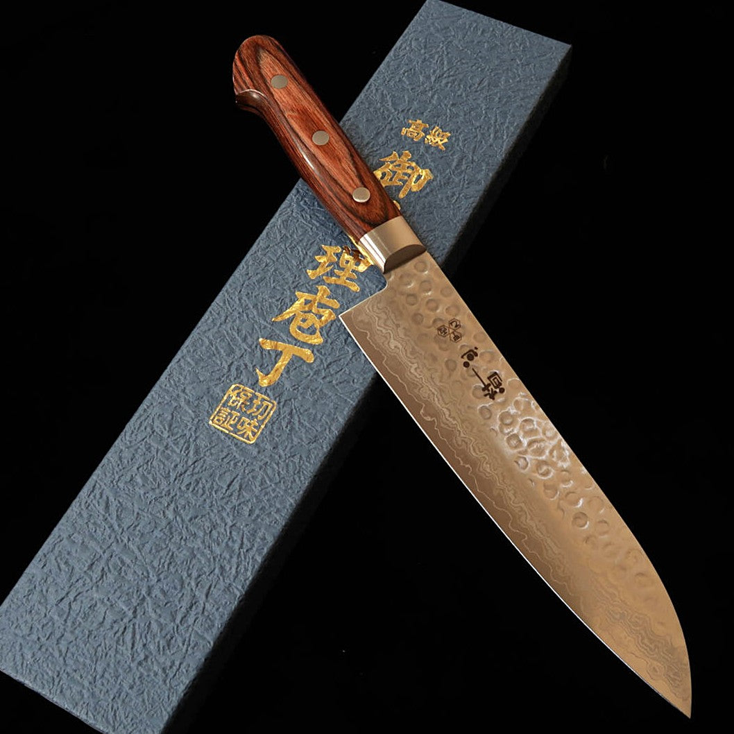 酔心SUISIN 三徳 VG10 鎚目 ダマスカス マホガニー（180mm） – 三浦