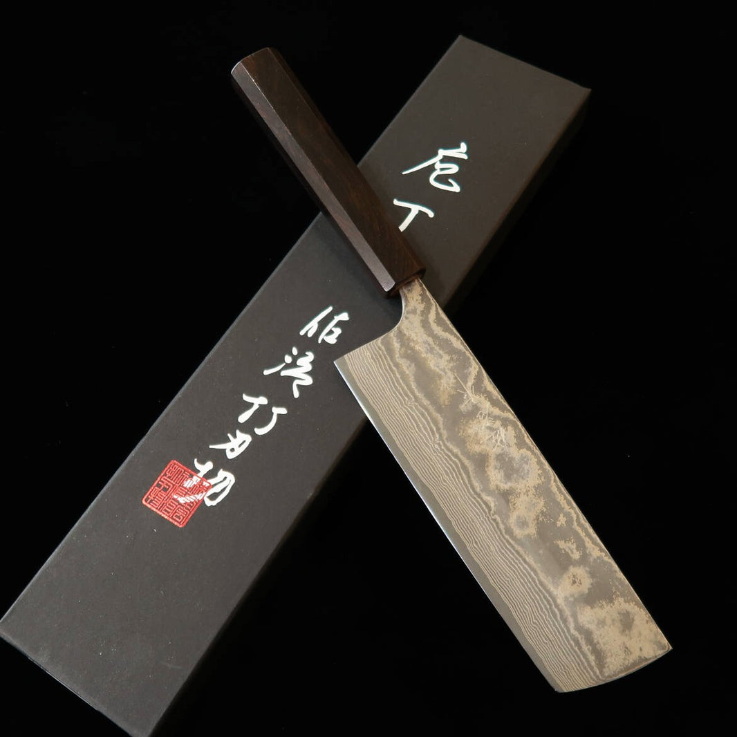 佐治武士 SAJITAKESHI 菜切 VG10 黒染めダマスカス 黒檀一体型柄（165mm）