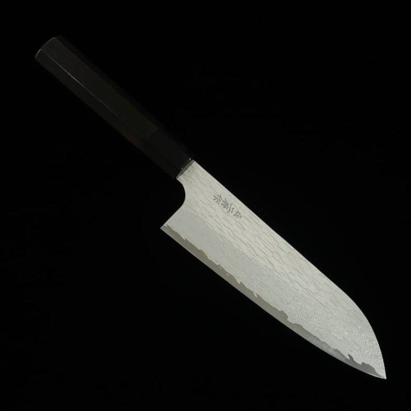 Nigara Hamono VG XEOS Santoku martelada Damasco com cabo de ébano (185mm)