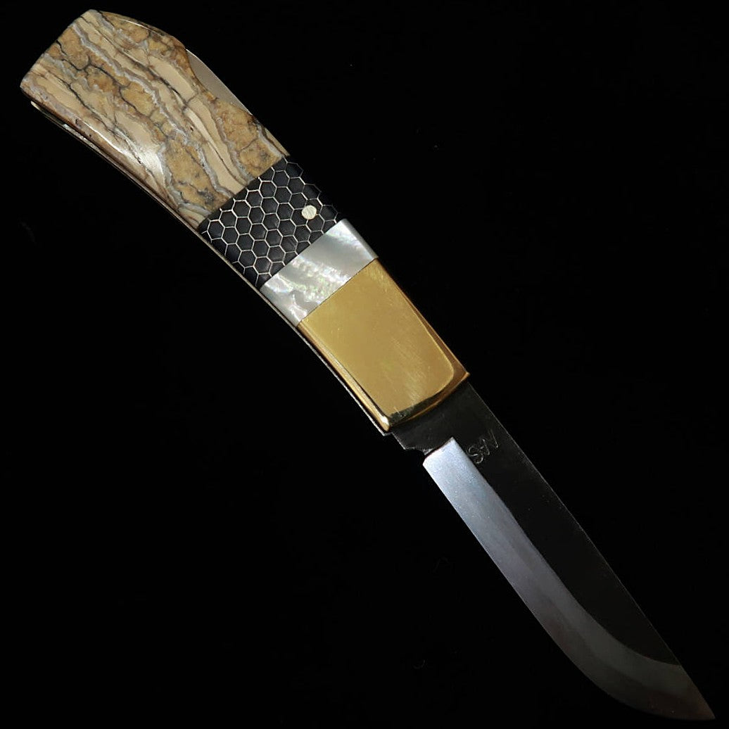武田刃物TAKEDA　備中手打ち鍛冶 稲垣文雄作 バックロックフォルダーナイフ パール/マンモストゥース/ハニカム
