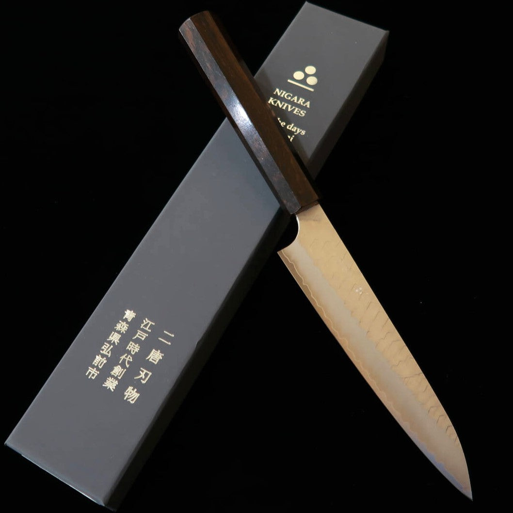 二唐刃物鍛錬所 NIGARA ペティ SG2 磨き 槌目 黒檀一体型柄 （150mm）