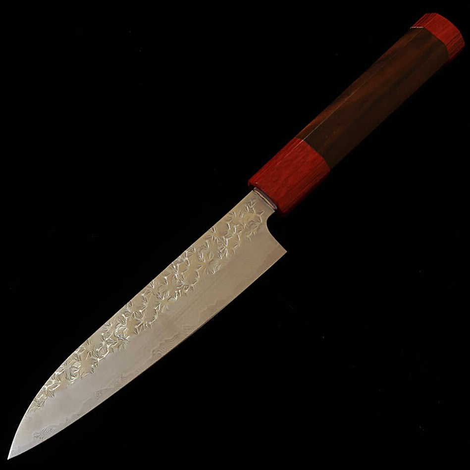 STYLE-K Kurosaki Makoto’s Kaen, Coreless Damascus Hammered Petty with Ebony Octagonal Handle (135mm)