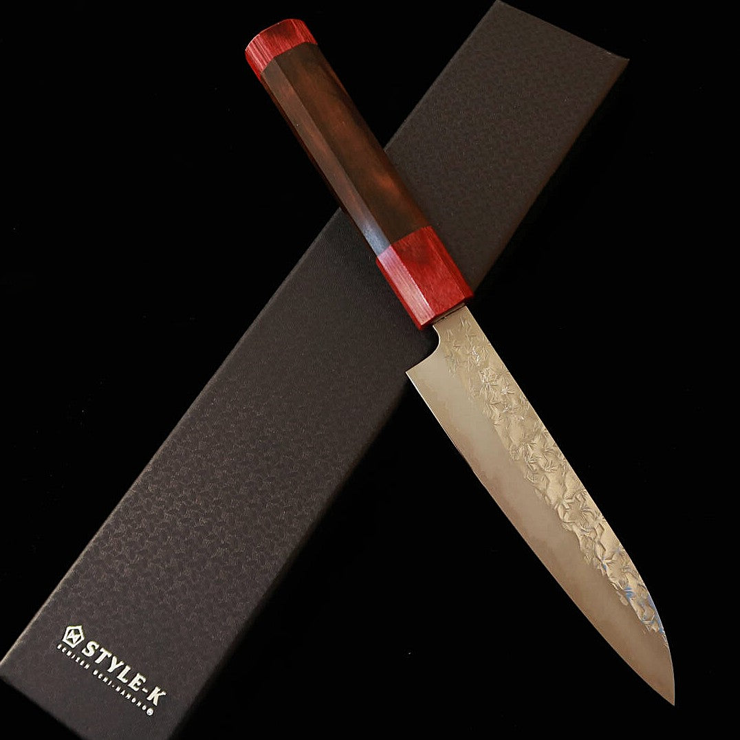 STYLE-K Makoto Kurosaki Petty Kaen Damasco Coreless Martelado Cabo Octogonal em Ébano (135mm)
