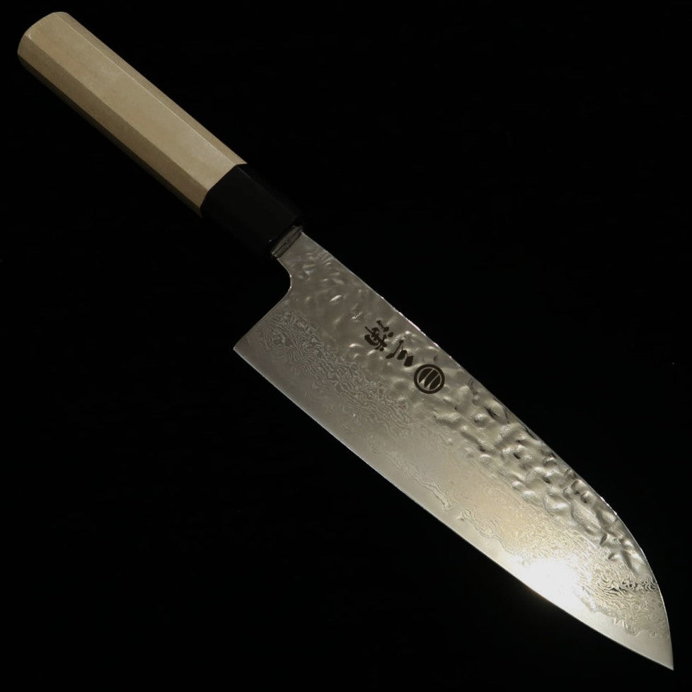 三浦MIURA 三徳 AUS10（10A） 鏡面 鎚目 ダマスカス 朴八角柄 （165mm）