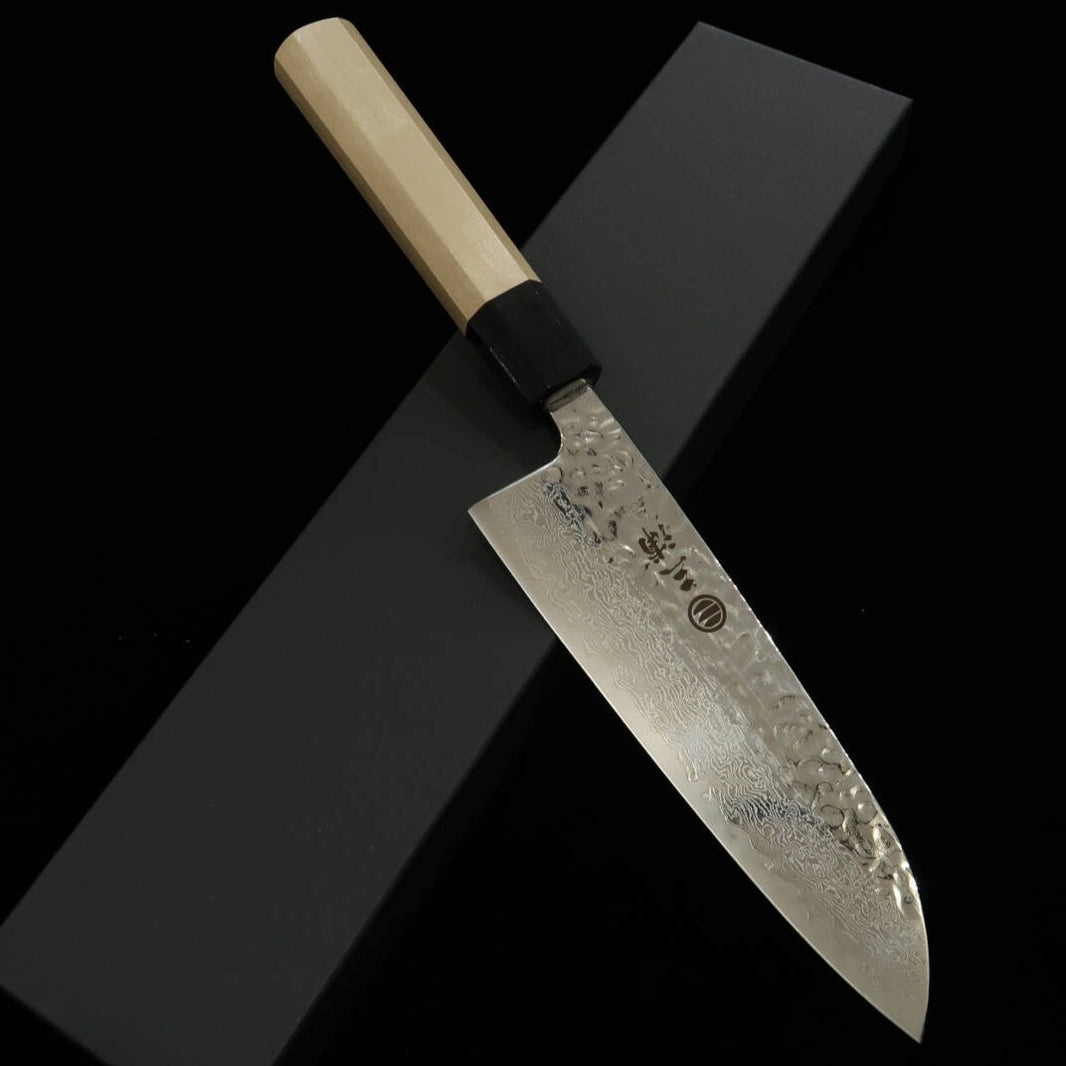 三浦MIURA 三徳 AUS10（10A） 鏡面 鎚目 ダマスカス 朴八角柄 （165mm）