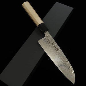 三浦MIURA 三徳 AUS10（10A） 鏡面 鎚目 ダマスカス 朴八角柄 （165mm）
