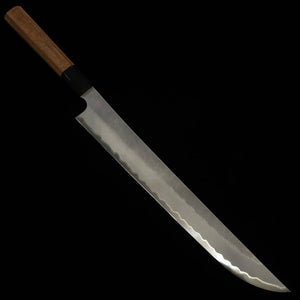 二唐刃物鍛造所NIGARA 青紙スーパー  鎚目 梨地 先丸筋引 チーク八角柄（300mm）