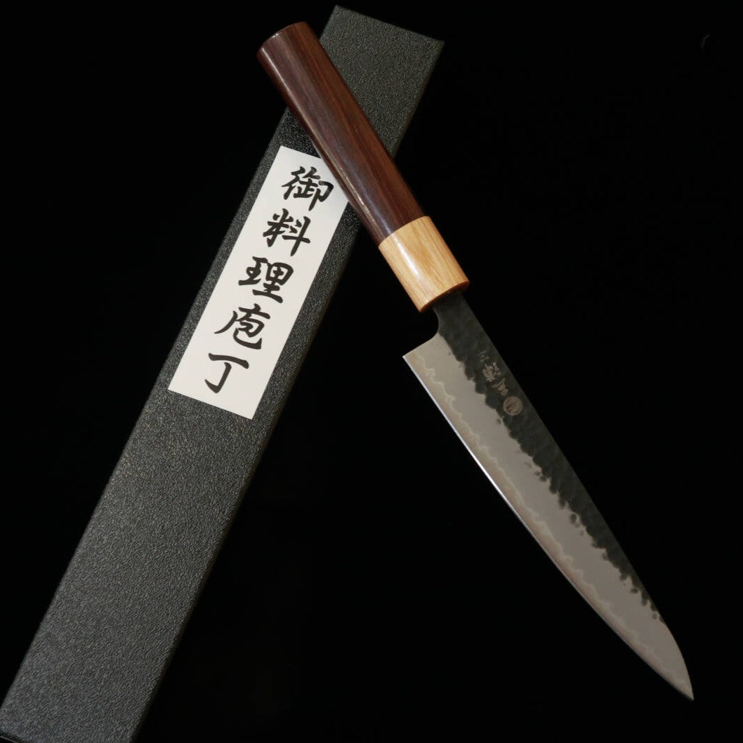 三浦MIURA ペティ 青紙スーパー 黒打 紫檀柄（150mm）