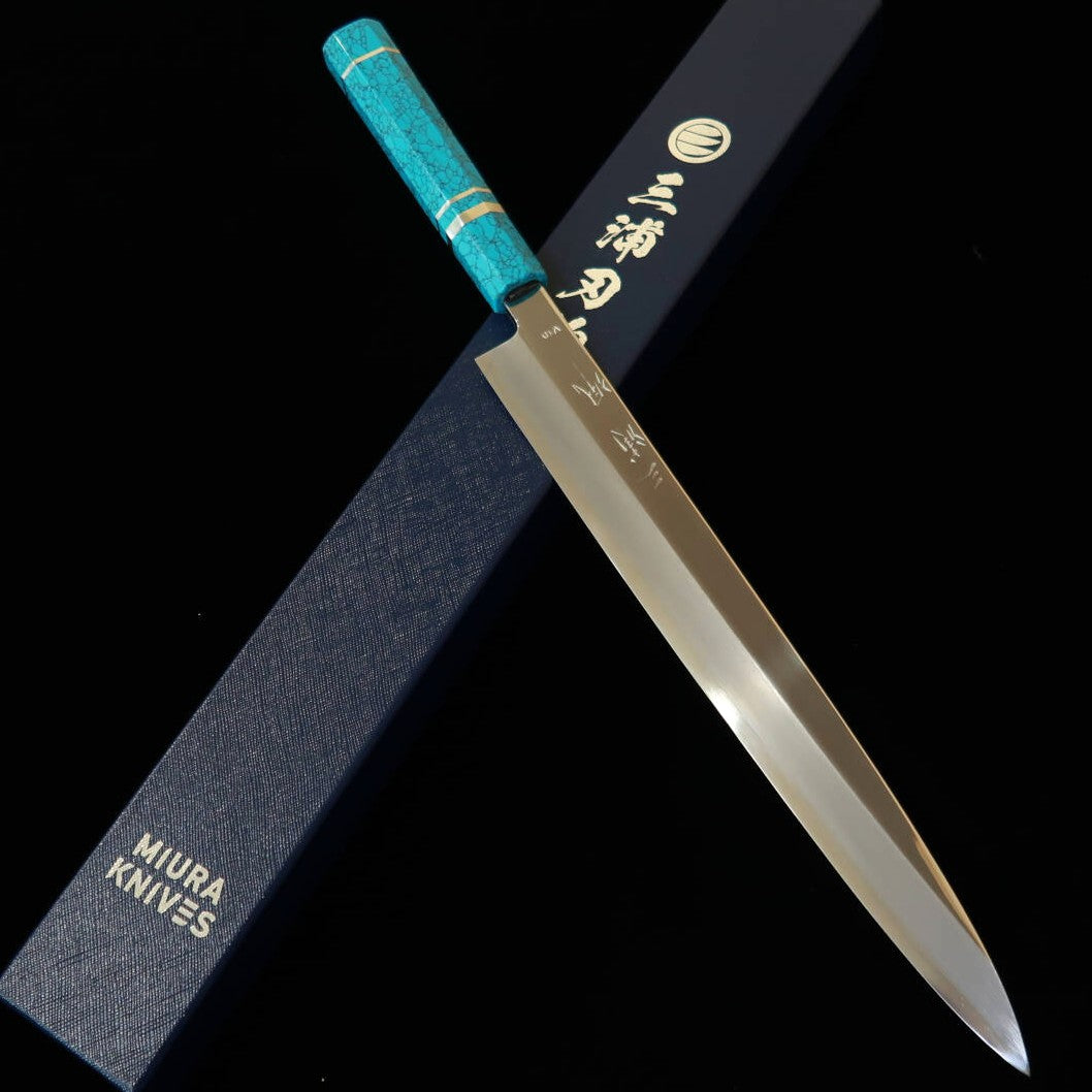 三浦佩MIURA Obidama 柳刃 VG10 鏡面仕上げ カスタムハンドルターコイズ（300mm）