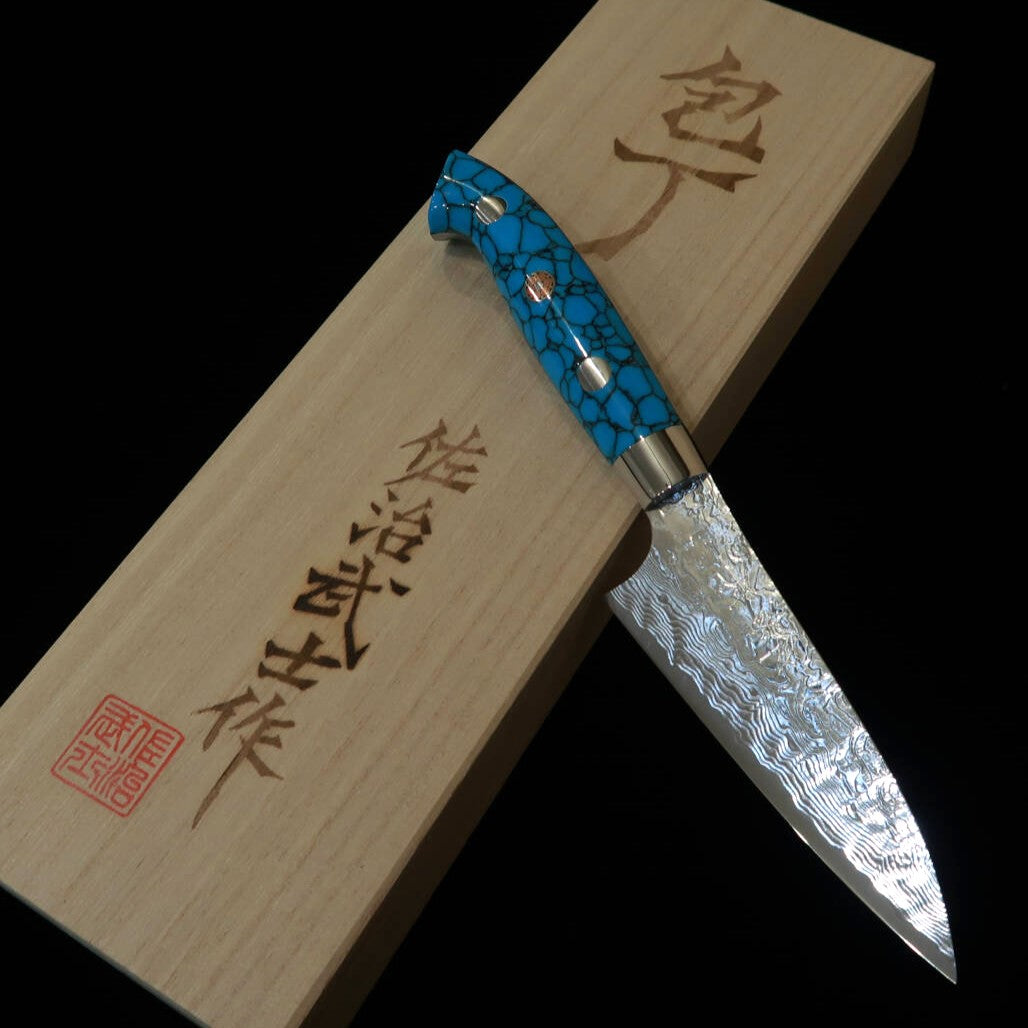 Saji Takeshi, New Nomura Type SG2 Diamond Finish Petty Knife, Blue Turquoise (90mm)