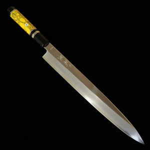 MIURA Obidama – Yanagiba VG10, finition miroir, manche custom jaune (270 mm)