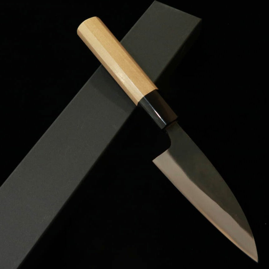 MIURA pequeño cuchillo (kogata) acero Ao-gami #1 acabado negro, con refuerzo inoxidable y mango de magnolia octogonal (105 mm)