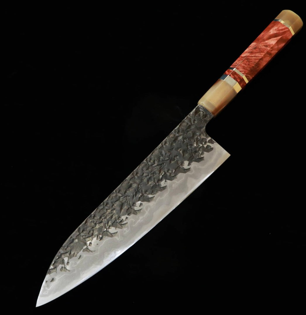 貴輔KISUKE【琰-ENN】間中刃物鍛錬所 牛刀 青紙一号 黒打 鎚目 ダマスカス 本霞砥 レッドブラウンスタビライズハンドル (240mm)