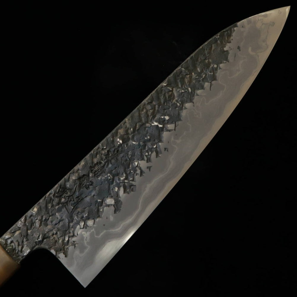 貴輔KISUKE【琰-ENN】間中刃物鍛錬所 牛刀 青紙一号 黒打 鎚目 ダマスカス 本霞砥 レッドブラウンスタビライズハンドル (240mm)