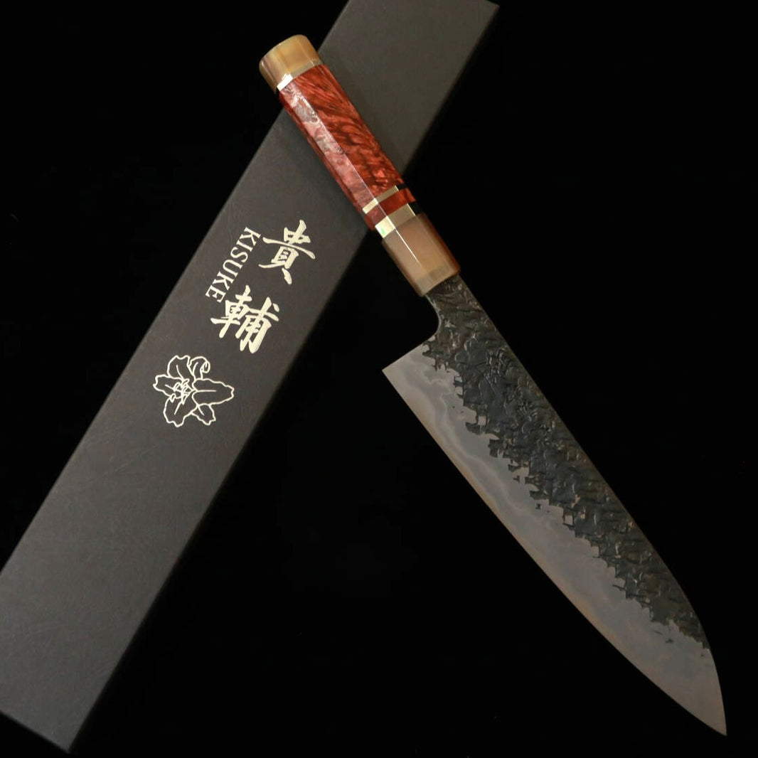 貴輔KISUKE【琰-ENN】間中刃物鍛錬所 牛刀 青紙一号 黒打 鎚目 ダマスカス 本霞砥 レッドブラウンスタビライズハンドル (240mm)