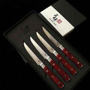 MCUSTA ZANMAI Classic Pro 3 Guren Steak Knife 4-Piece Set, VG10 33-Layer Damascus - Red Pakkawood Handle (115mm)