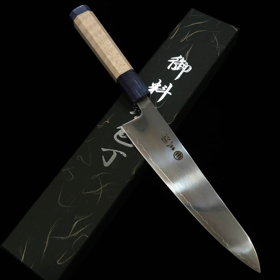 三浦MIURA 光 牛刀 SLD 磨き 両輪メープル柄 -青- （195mm）