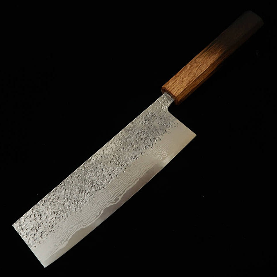 MIYAZAKI KAJIYA Miyazaki Kajiya, nakiri, acero Gingami nº 3, damasco martilleado, tratamiento subcero, mango de roble lacado al fuego (180 mm)