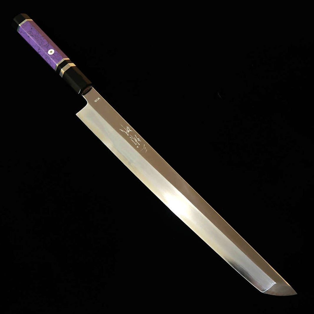 三浦佩MIURA Obidama 先丸柳刃 VG10 鏡面仕上げ カスタムハンドル パープル（300mm）