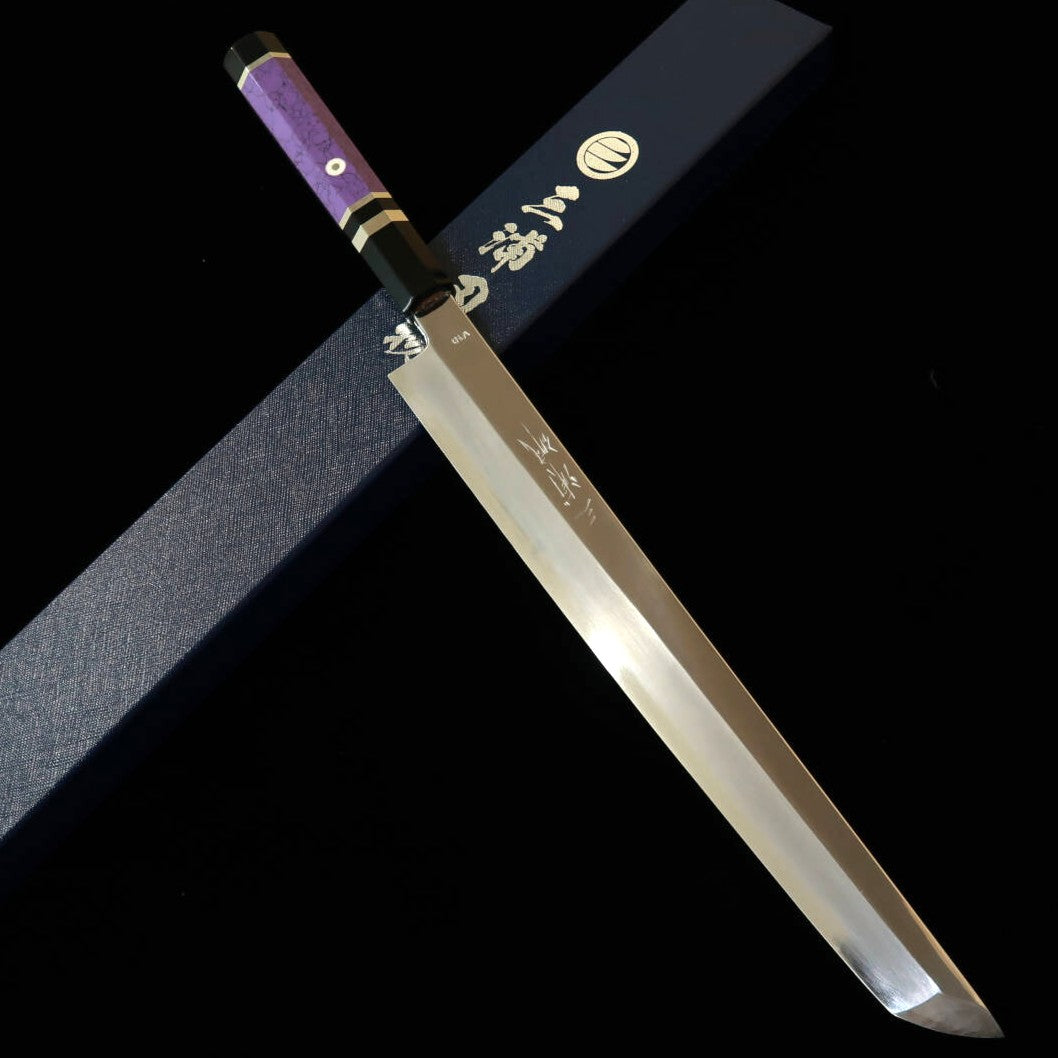 三浦佩MIURA Obidama 先丸柳刃 VG10 鏡面仕上げ カスタムハンドル パープル（300mm）