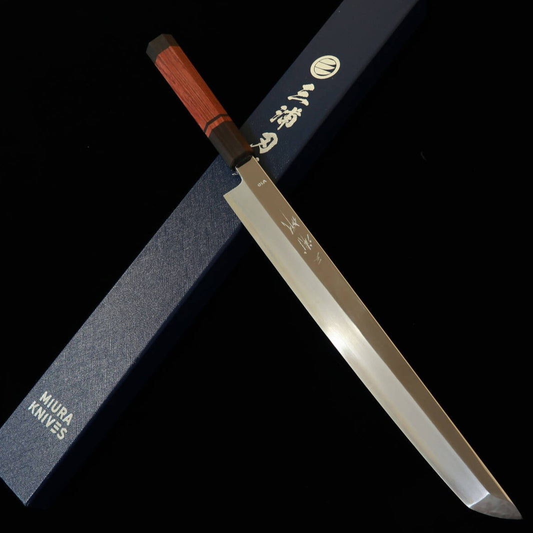 三浦佩MIURA Obidama 先丸柳刃 VG10 鏡面仕上げ ブビンガ柄（300mm）