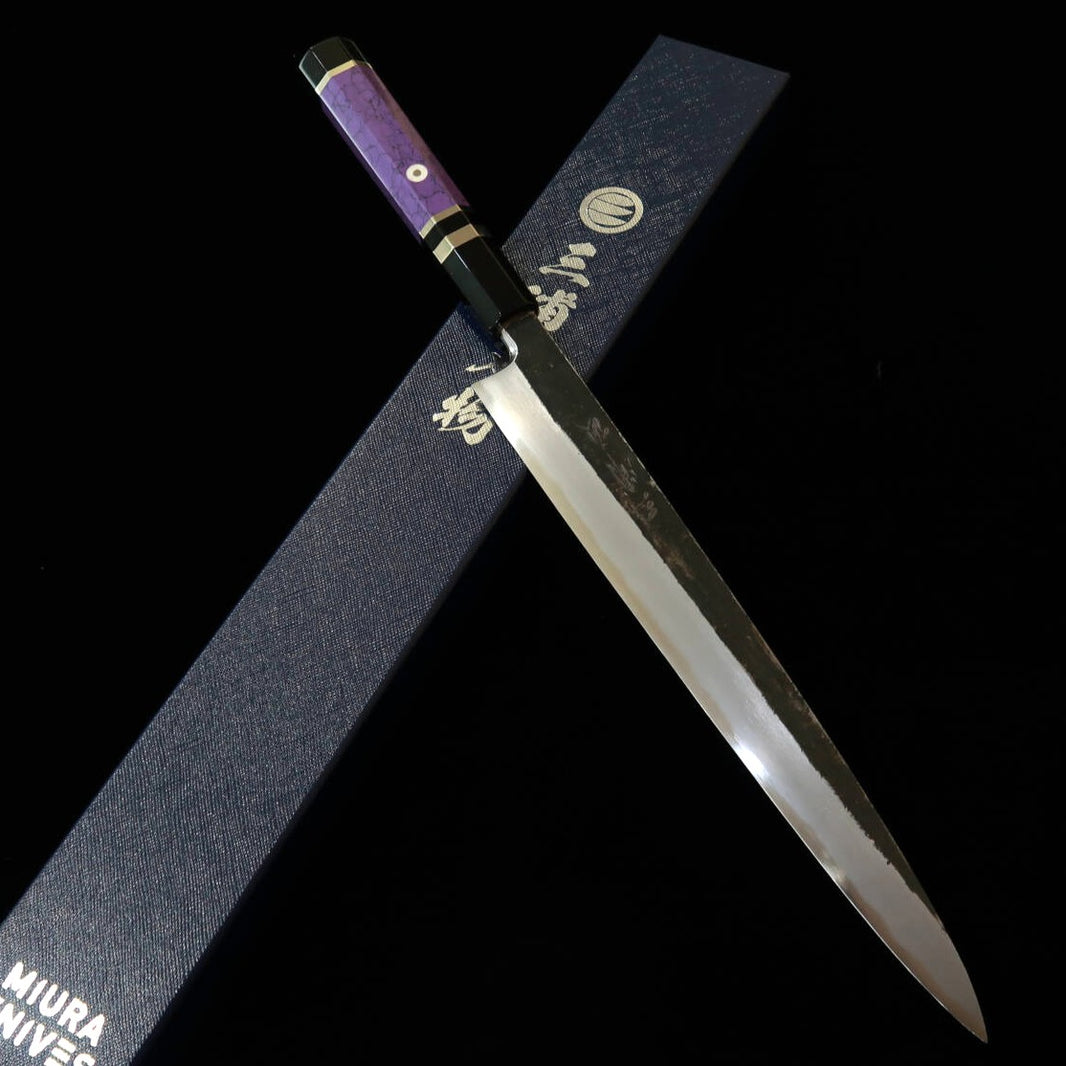 三浦頂MIURA Itadaki 田中義一 柳刃 白紙二号 黒打ち カスタムハンドル パープル（270mm）